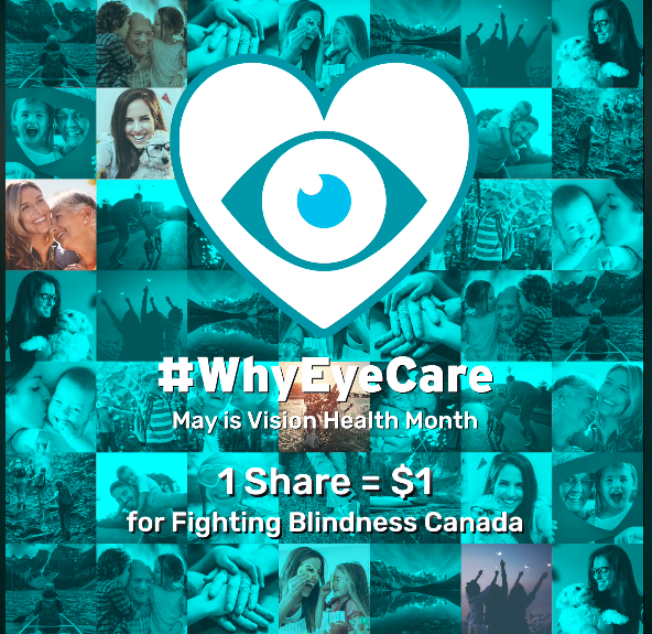 Advertisement for the WhyEyeCare campaign. An iris surrounded by a heart stands over the text "Why Eye Care: May is vision halth month. 1 share = $1 for Fighting Blindness Canada". In the background are small images of friends and families, overlaid with turquoise..