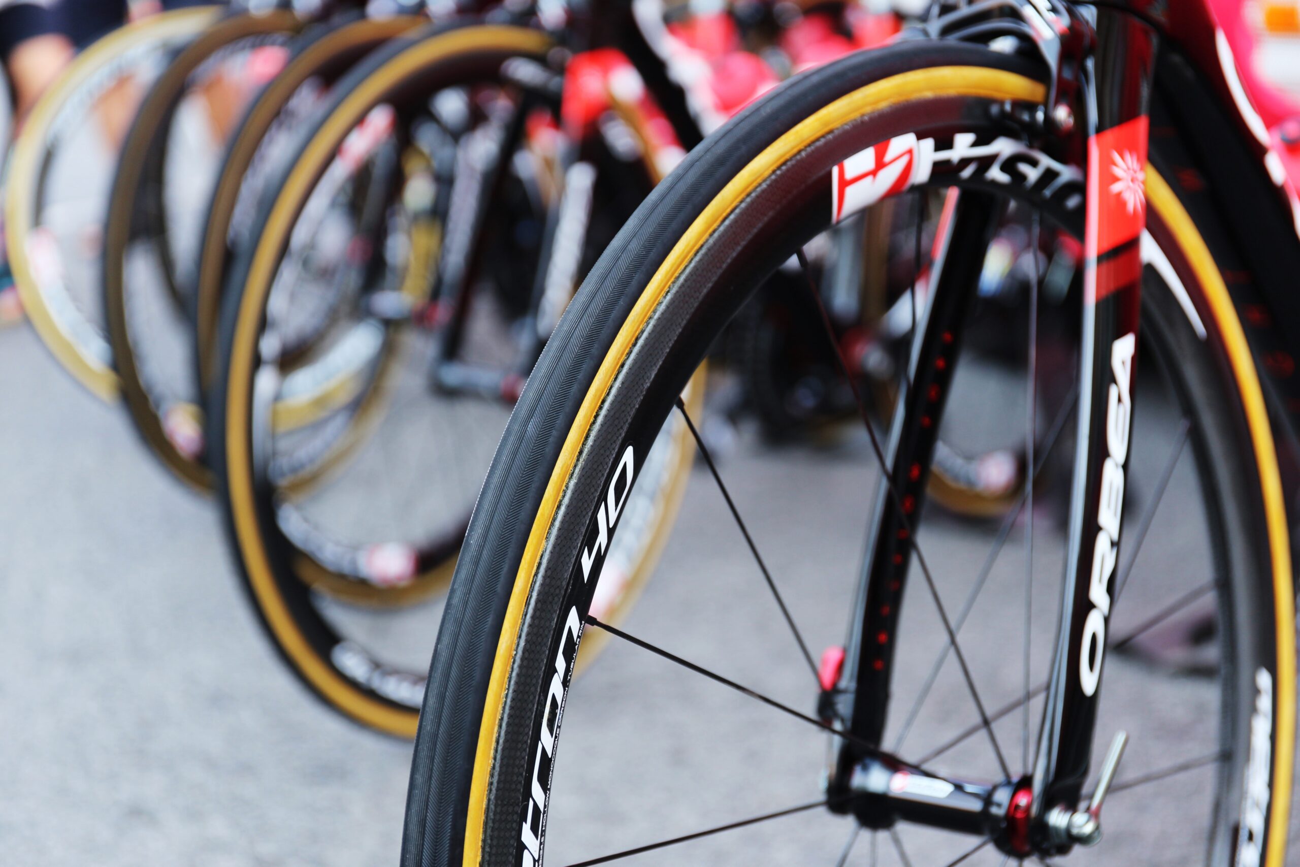 Bicycle tires lined up