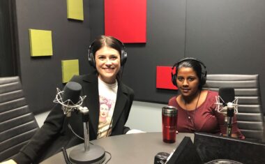 Samantha Moore with Ramya Amuthan sitting in a recording booth