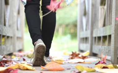 Person walking on bridge with leaves on ground