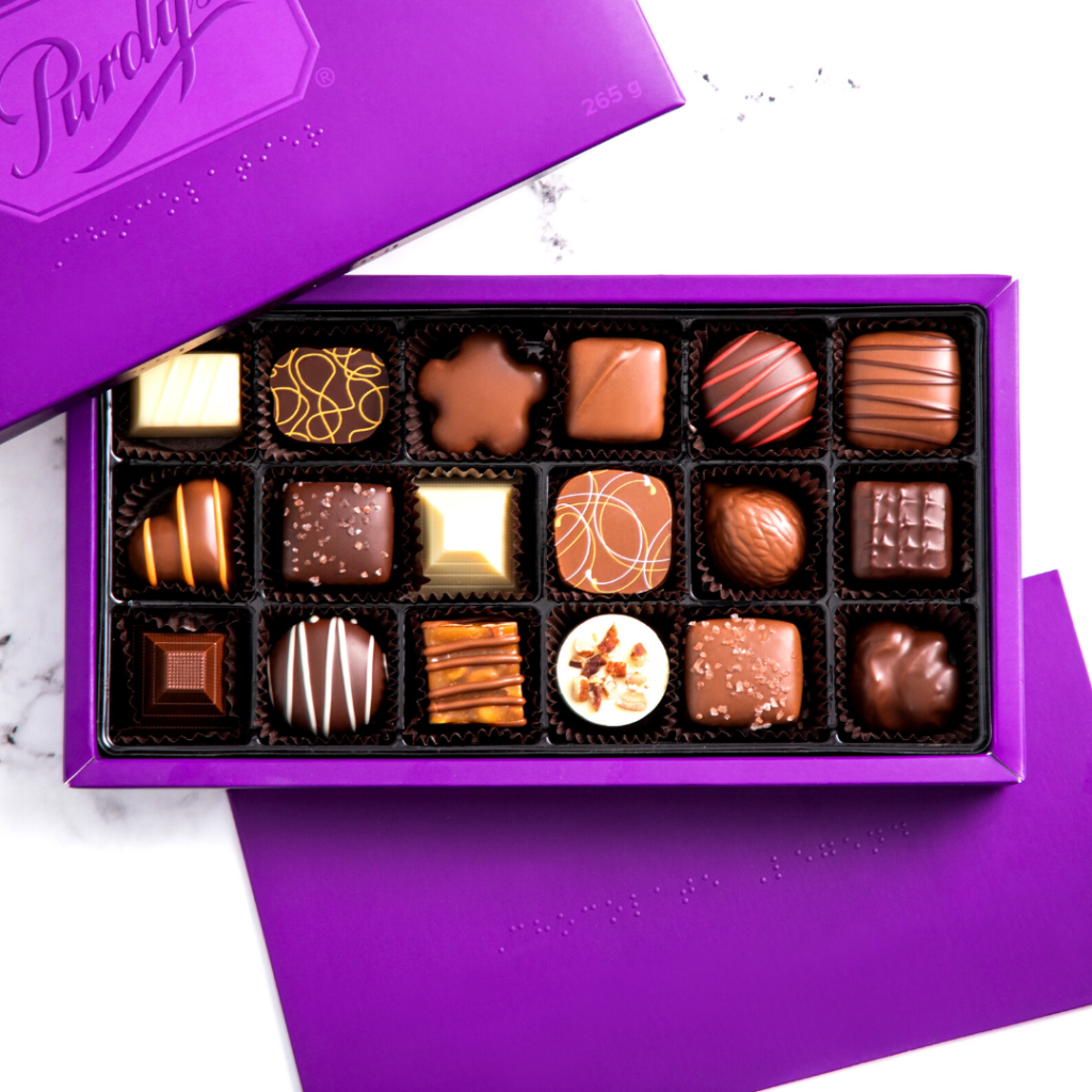 Image is of Purdys Chocolatier Braille Chocolate Box