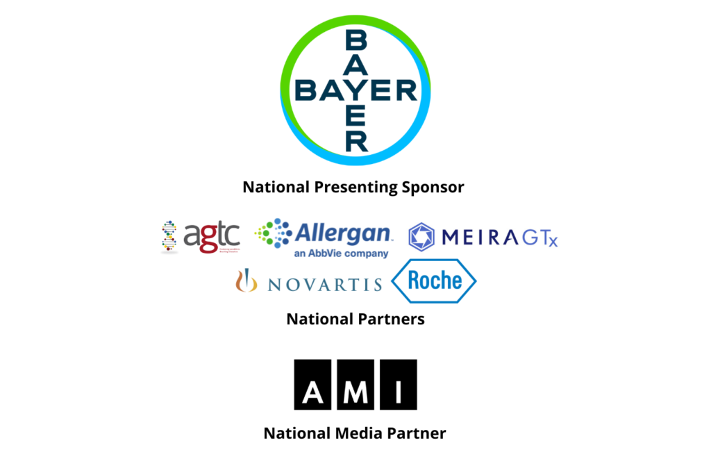 Image is of Sponsor logos including Bayer, AGTC, Allergan an AbbVie Company. MieraGTx, Novartis, Roche, and Accessible Media Inc. (AMI).