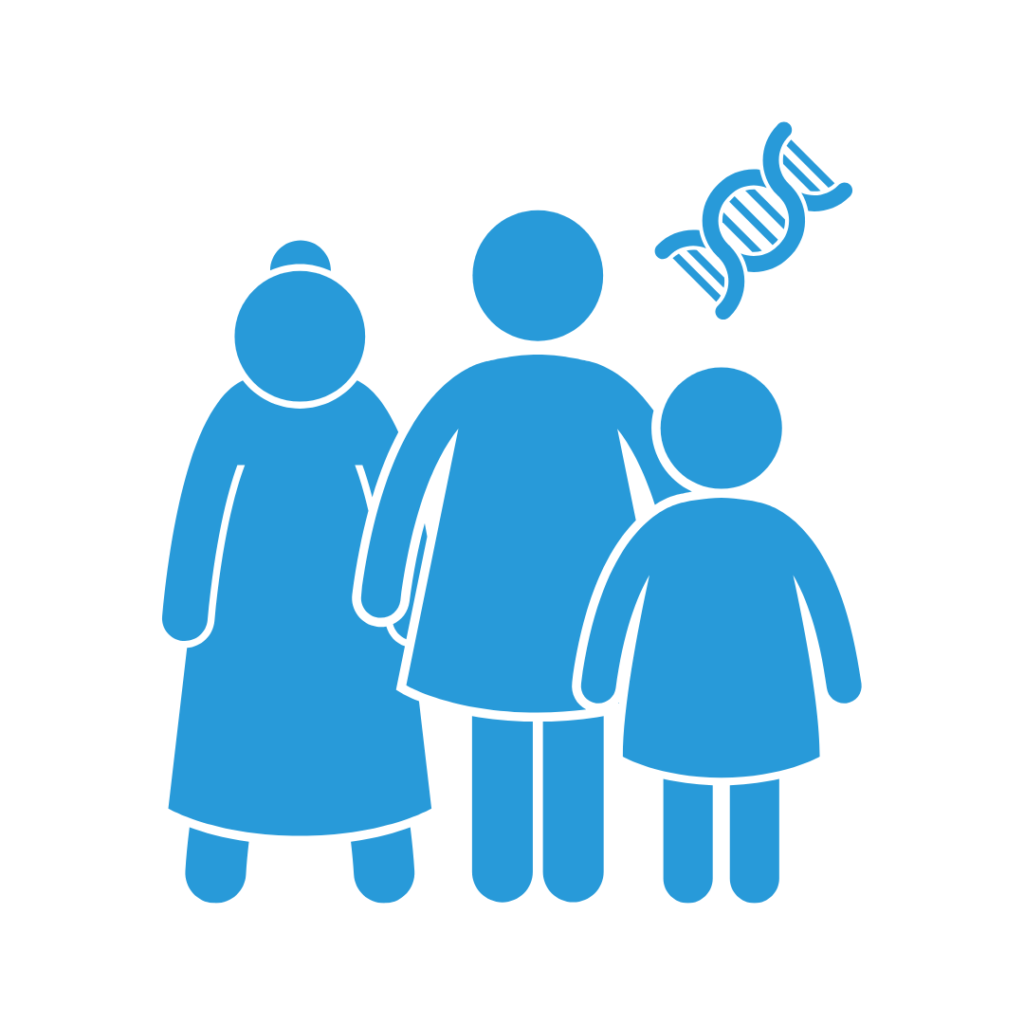Image is of a graphic representing a grandparent, parent, and child, with a DNA strand