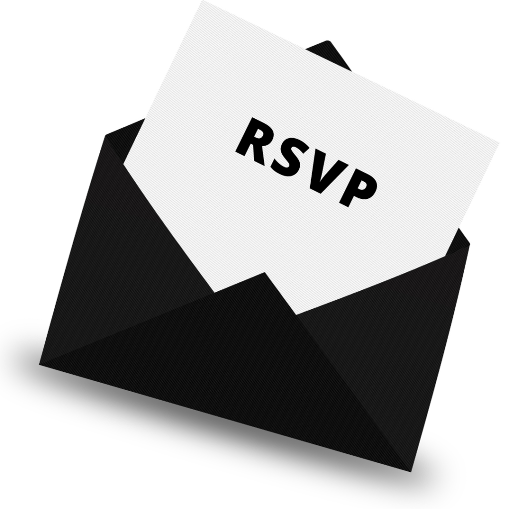 The image of a black envelope with the letters "RSVP" listed inside the envelope