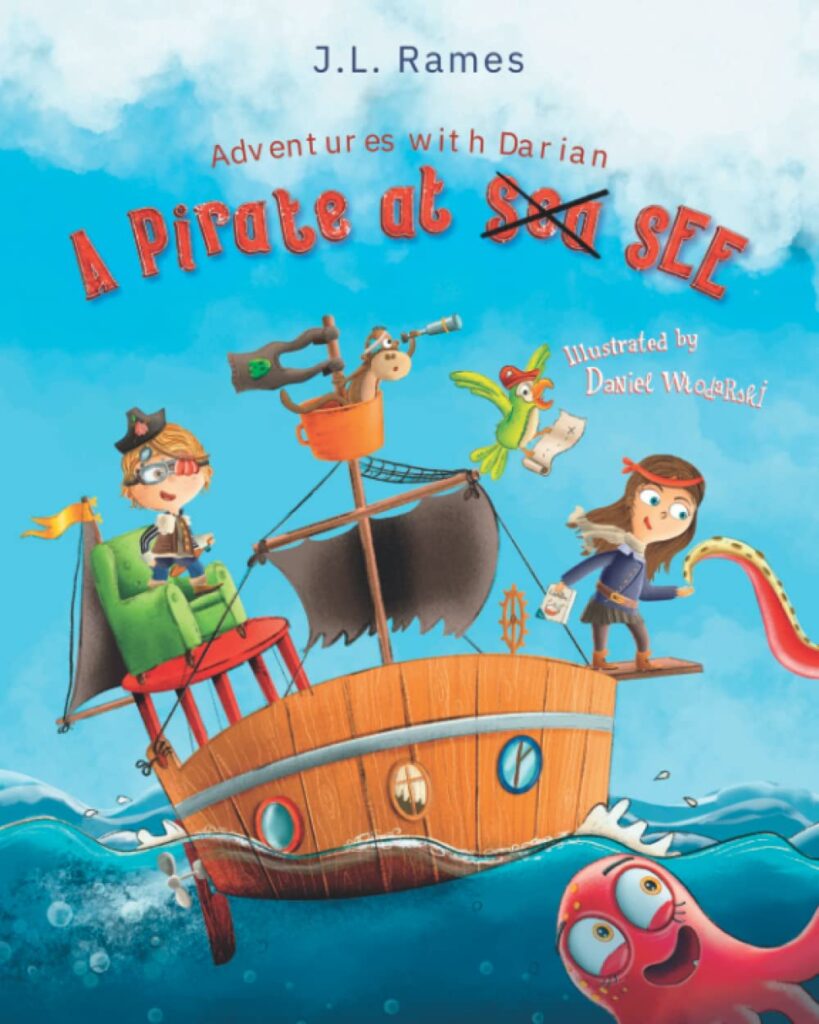 Image is of the Adventures with Darian book cover containing graphics of 2 children pirates, a monkey, and a parrot, on a sailor boat.
