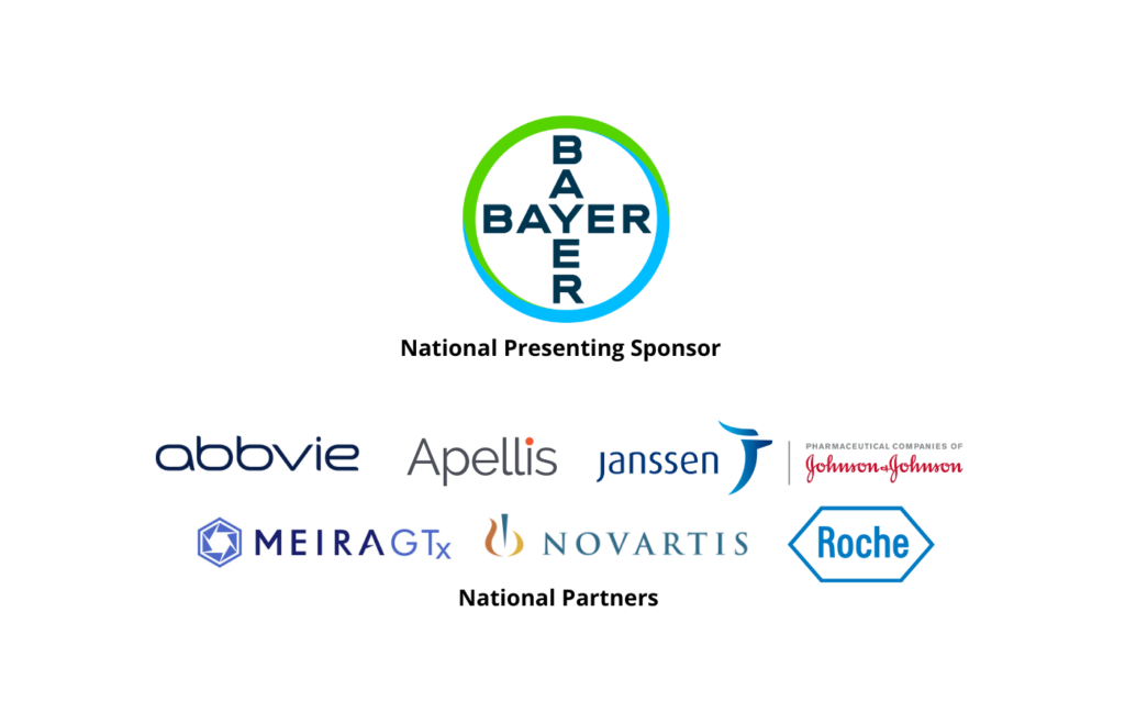 Image is of View Point Calgary Sponsors including National Presenting Sponsor, Bayer, and National Partners, Abbvie, Apellis, Janssen, MeiraGTx, Novartis, and Roche.