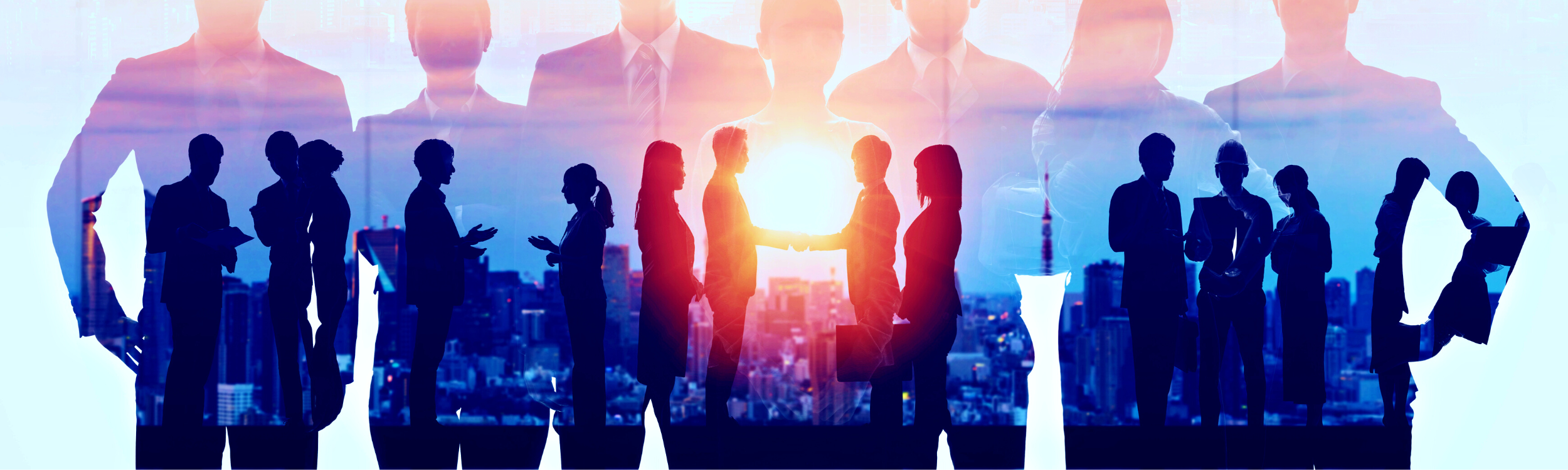 Image is a concept graphic of people shaking hands and speaking signaling professional relationships.