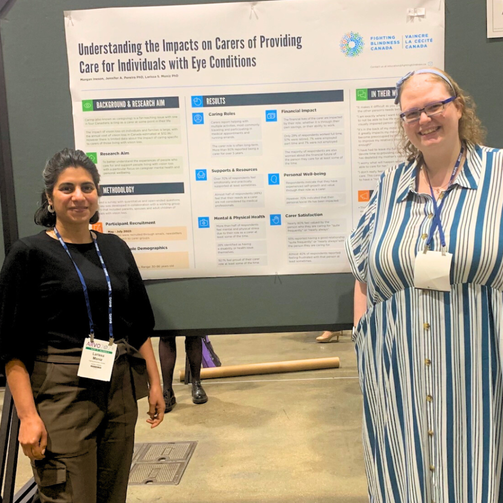 Image is of Director of Research and Mission Programs at Fighting Blindness Canada, Larissa Moniz, and Manager of Education, Morgan Ineson of Fighting Blindness Canada standing in front of their presentation poster during the ARVO conference.