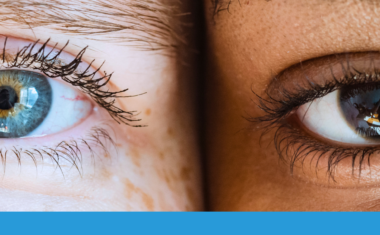 Image is a close-up of 2 human eyes from 2 different people.