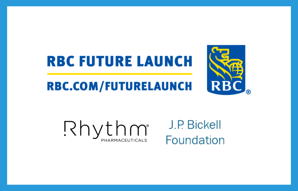 Image is of our sponsor logos, RBC Future Launch, Rhythm Pharmaceuticals, J.P. Bickell Foundation.