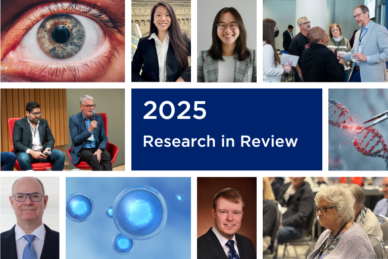 collage of researchers, an eye, people at a View Point event and stem cells.