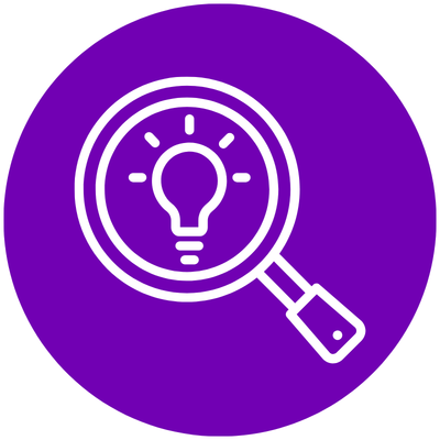 light bulb viewed through a magnifying glass icon