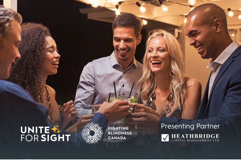 People at a cocktail event. Unite for Sight | Fighting Blindness Canada logo. Presenting Partner: Heathbridge Capital Management logo