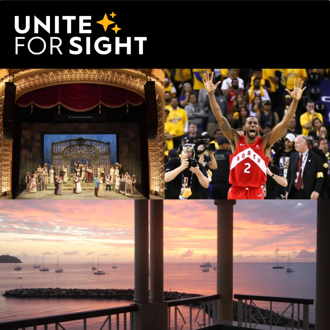 images of a musical production, Kawhi Leonard of the Toronto Raptors, and sunset view