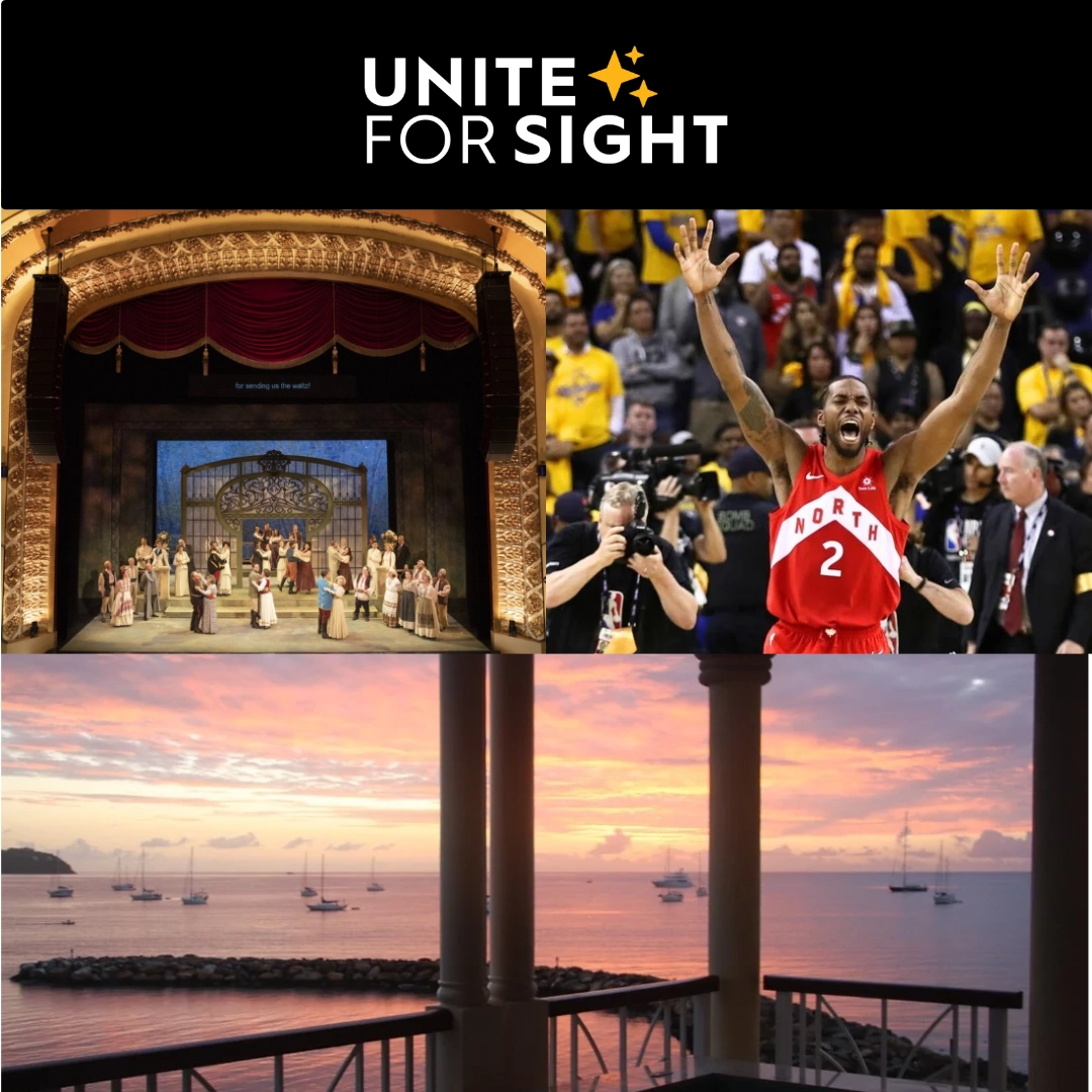 images of a musical production, Kawhi Leonard of the Toronto Raptors, and sunset view